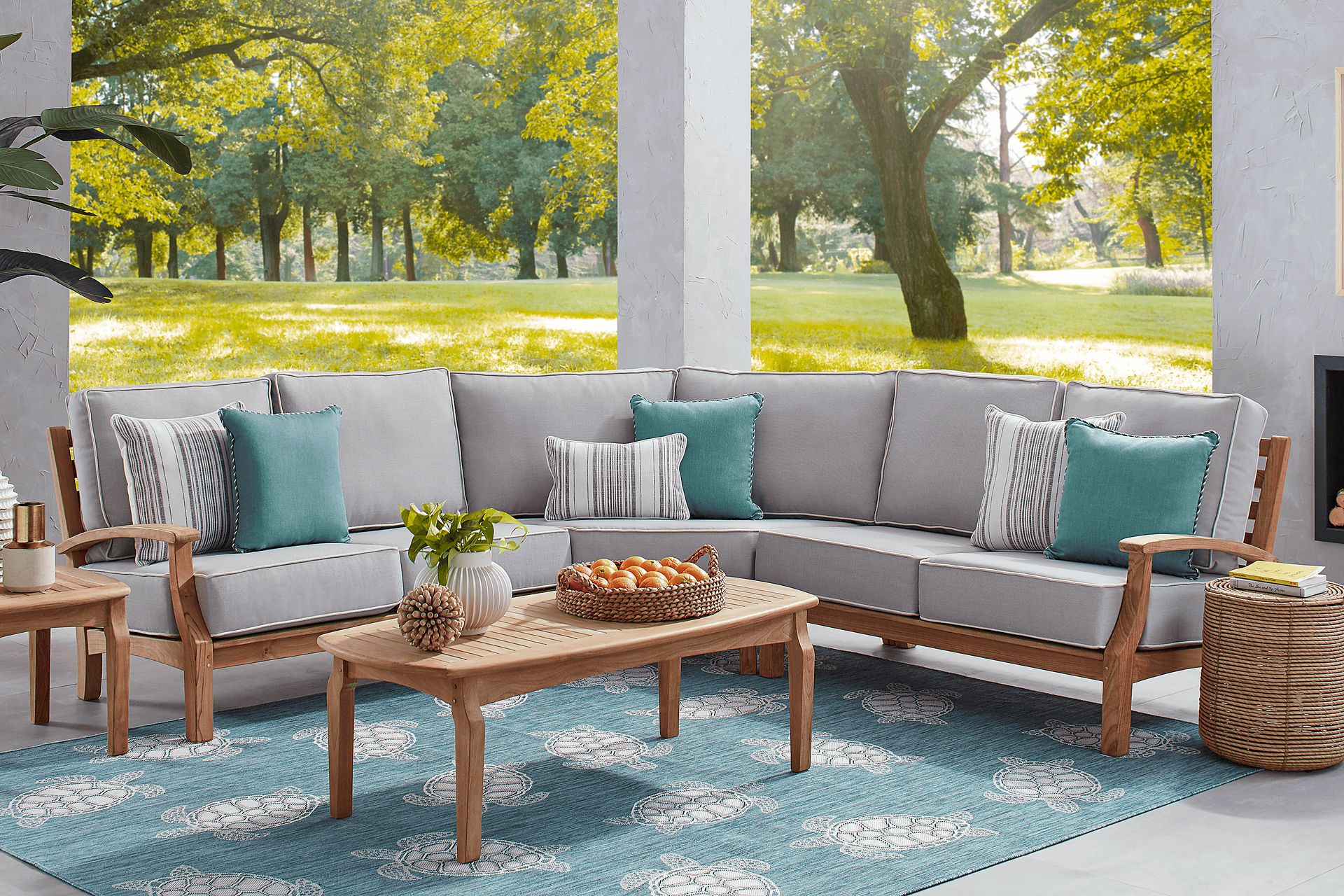 Pleasant Bay Teak 3 Pc Outdoor Sectional with Pewter Cushions - Image 2