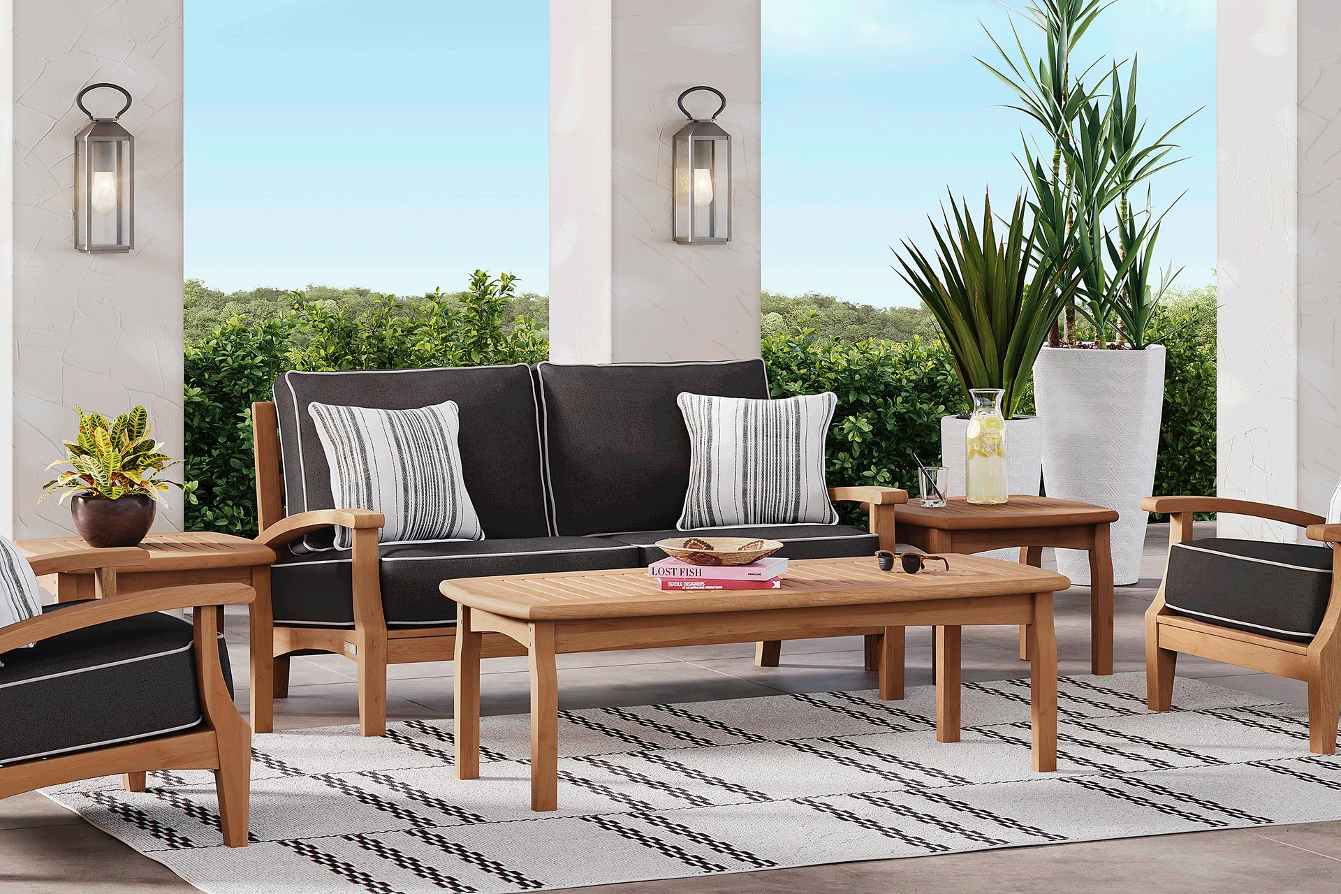 Pleasant Bay Teak 4 Pc Outdoor Loveseat Seating Set with Charcoal Cushions - Image 1