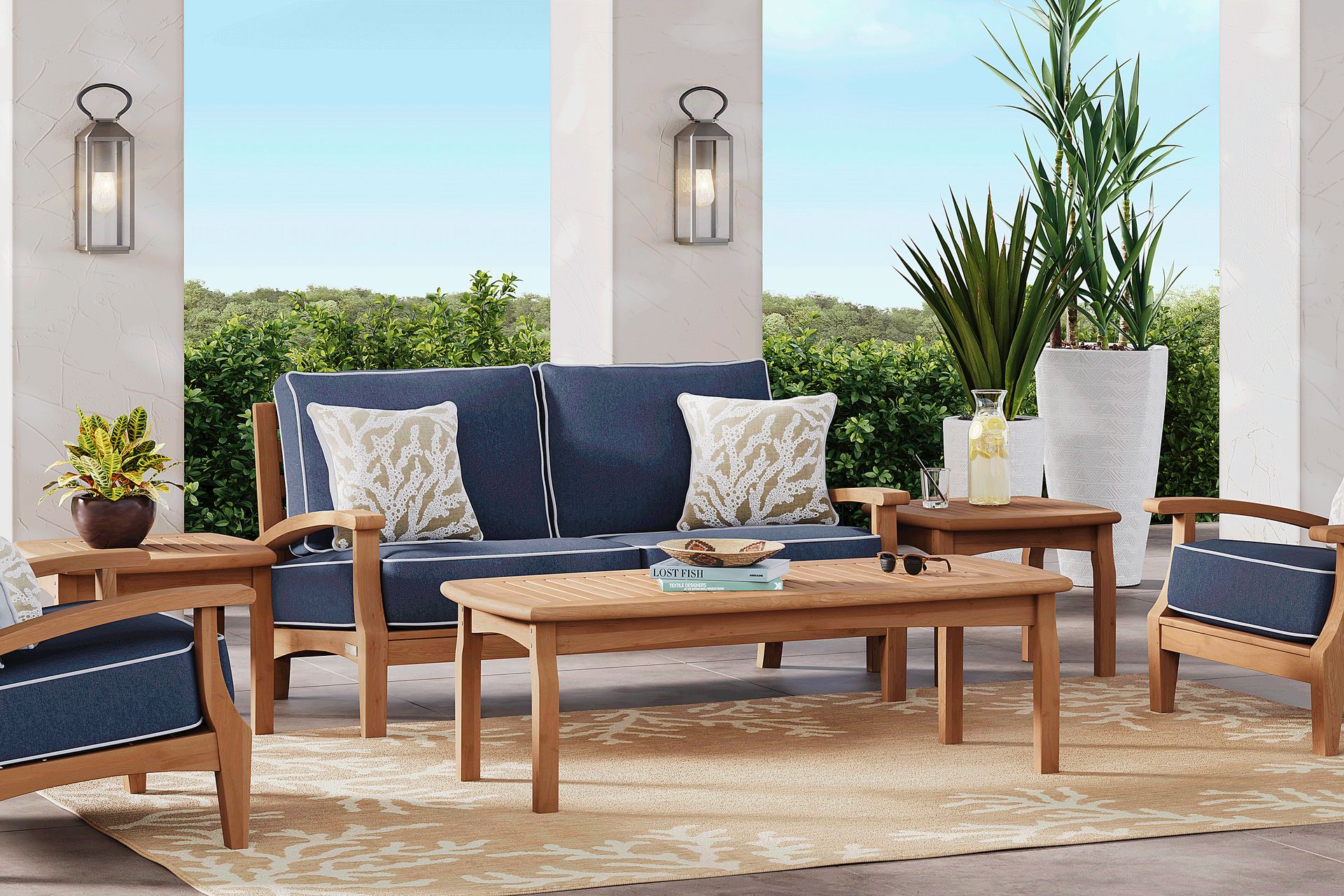 Pleasant Bay Teak 4 Pc Outdoor Loveseat Seating Set with Indigo Cushions - Image 1