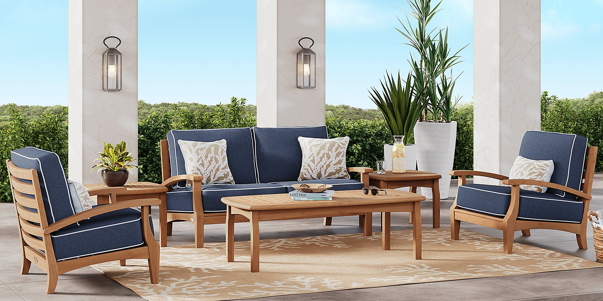 Pleasant Bay 4 Pc Tan Light Wood Indigo Blue Teak Outdoor Seating Set ...