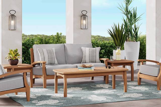 Pleasant Bay Teak 4 Pc Outdoor Loveseat Seating Set with Pewter Cushions - Thumbnail - Image 1