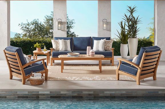 Pleasant Bay Teak 4 Pc Outdoor Seating Set with Indigo Cushions