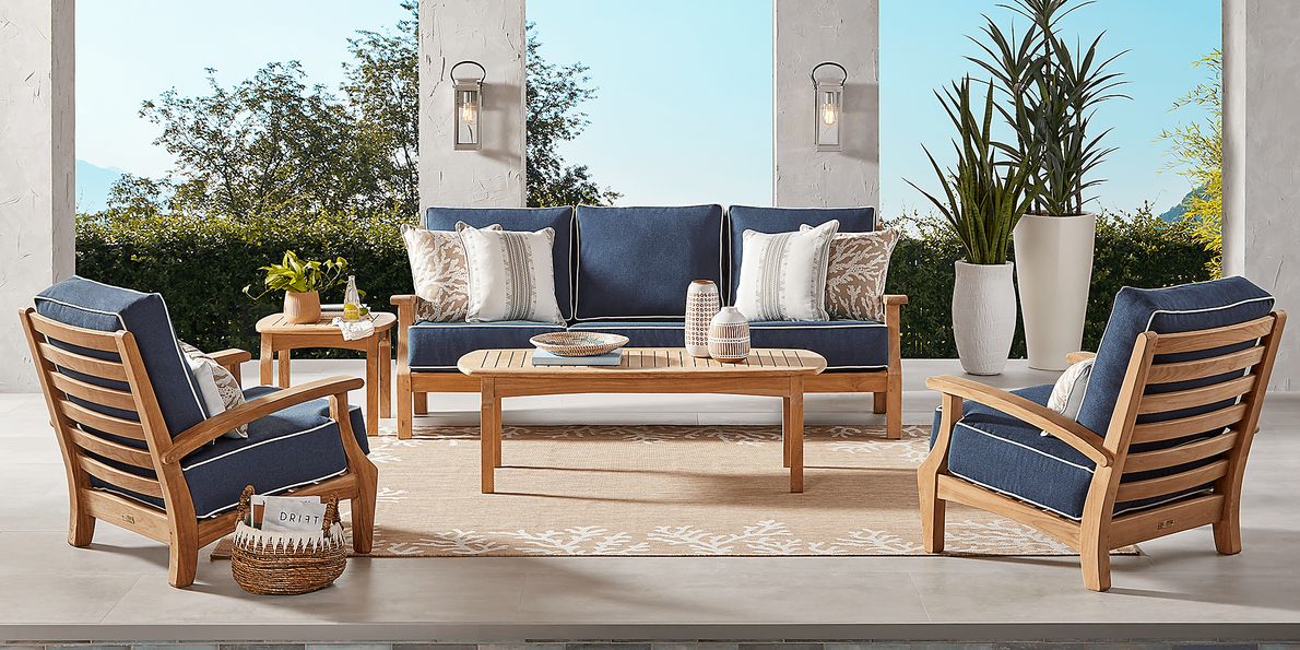 Pleasant Bay Teak 4 Pc Outdoor Seating Set with Denim Cushions
