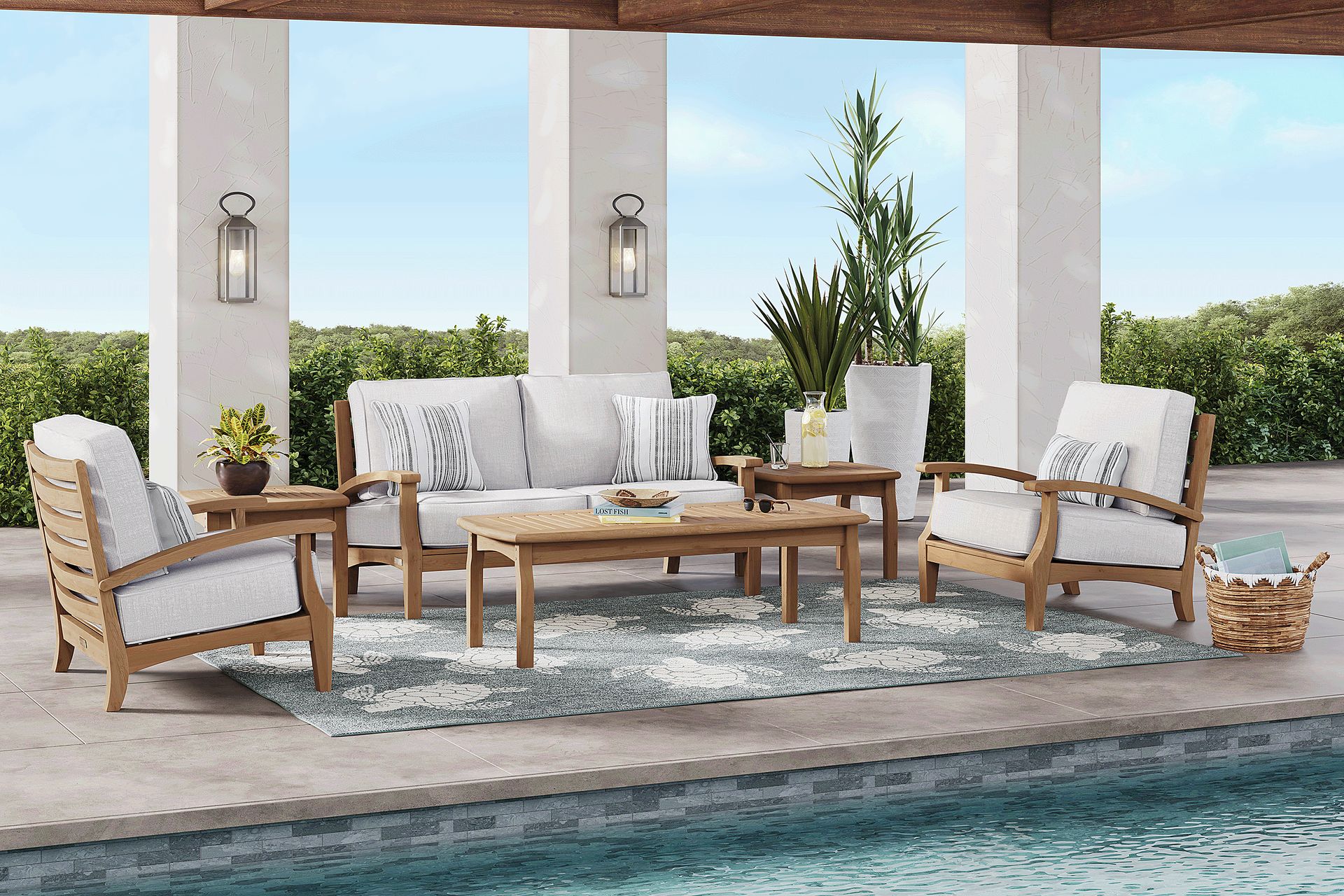 Pleasant Bay Teak 4 Pc Outdoor Seating Set with Dove Cushions - Image 1
