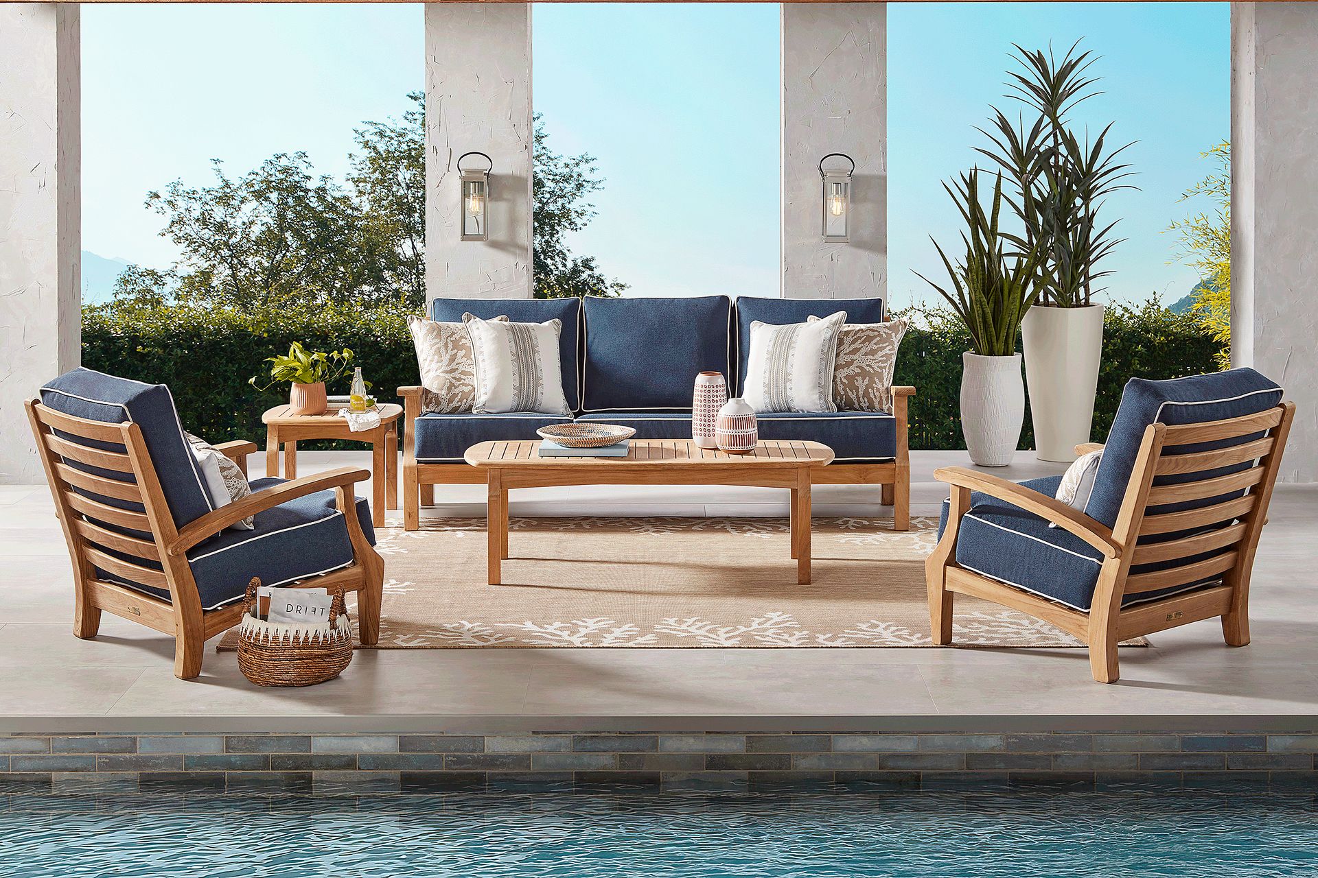 Pleasant Bay Teak 4 Pc Outdoor Seating Set with Indigo Cushions - Image 1