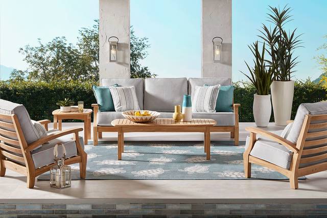 Pleasant Bay Teak 4 Pc Outdoor Seating Set with Pewter Cushions - Thumbnail - Image 1