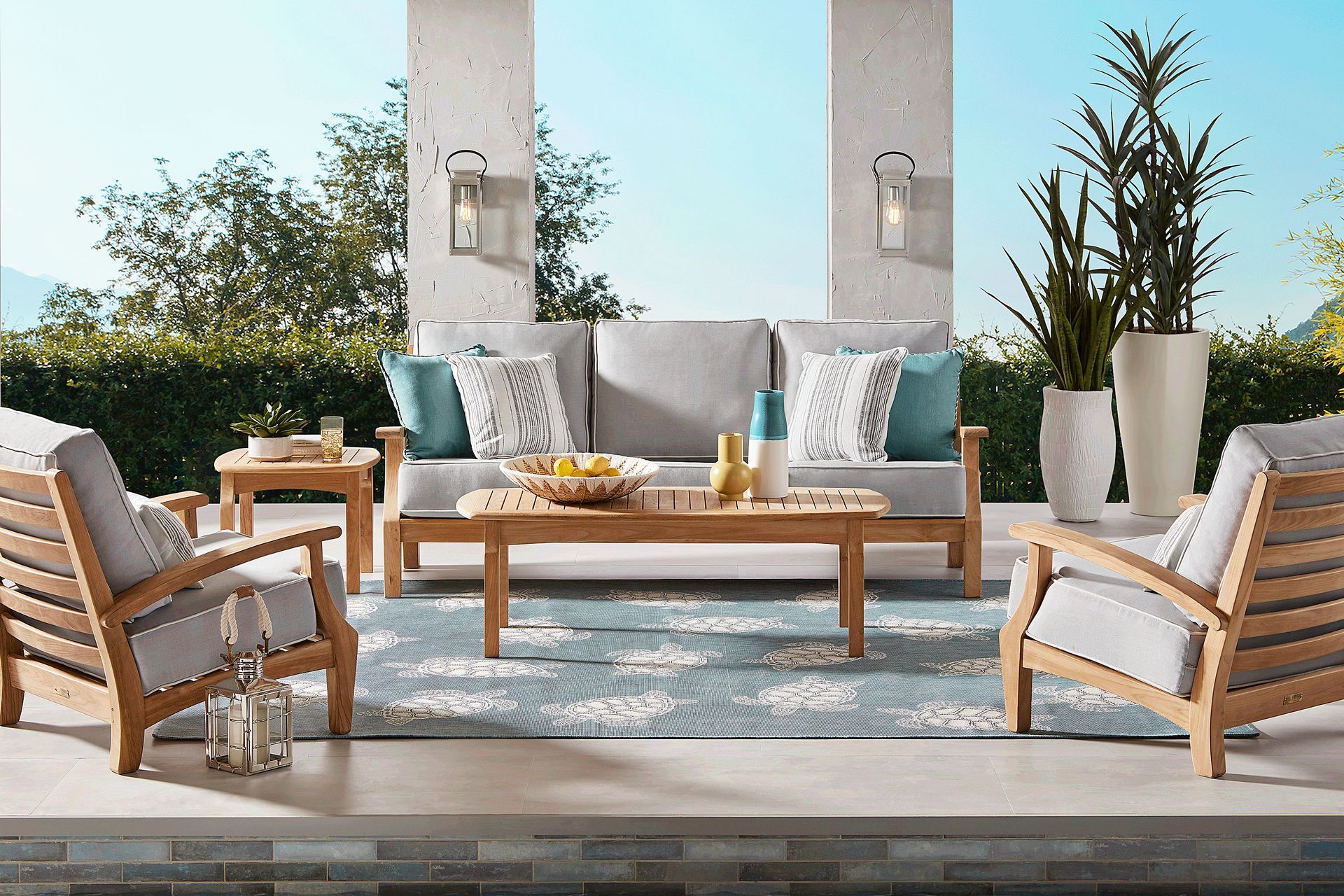 Pleasant Bay Teak 4 Pc Outdoor Seating Set with Pewter Cushions - Image 1