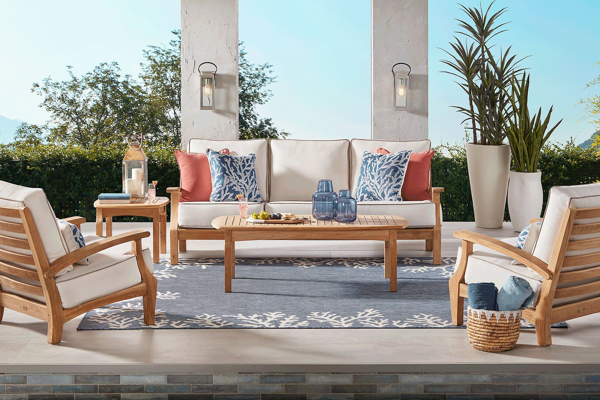Pleasant Bay Teak 4 Pc Outdoor Seating Set with Vapor Cushions - Image 1