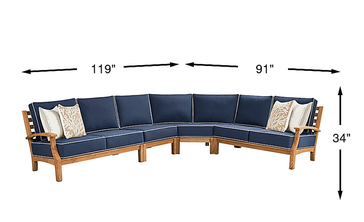 Pleasant Bay Tan Light Wood Indigo Blue Teak 4 Pc Outdoor Sectional ...