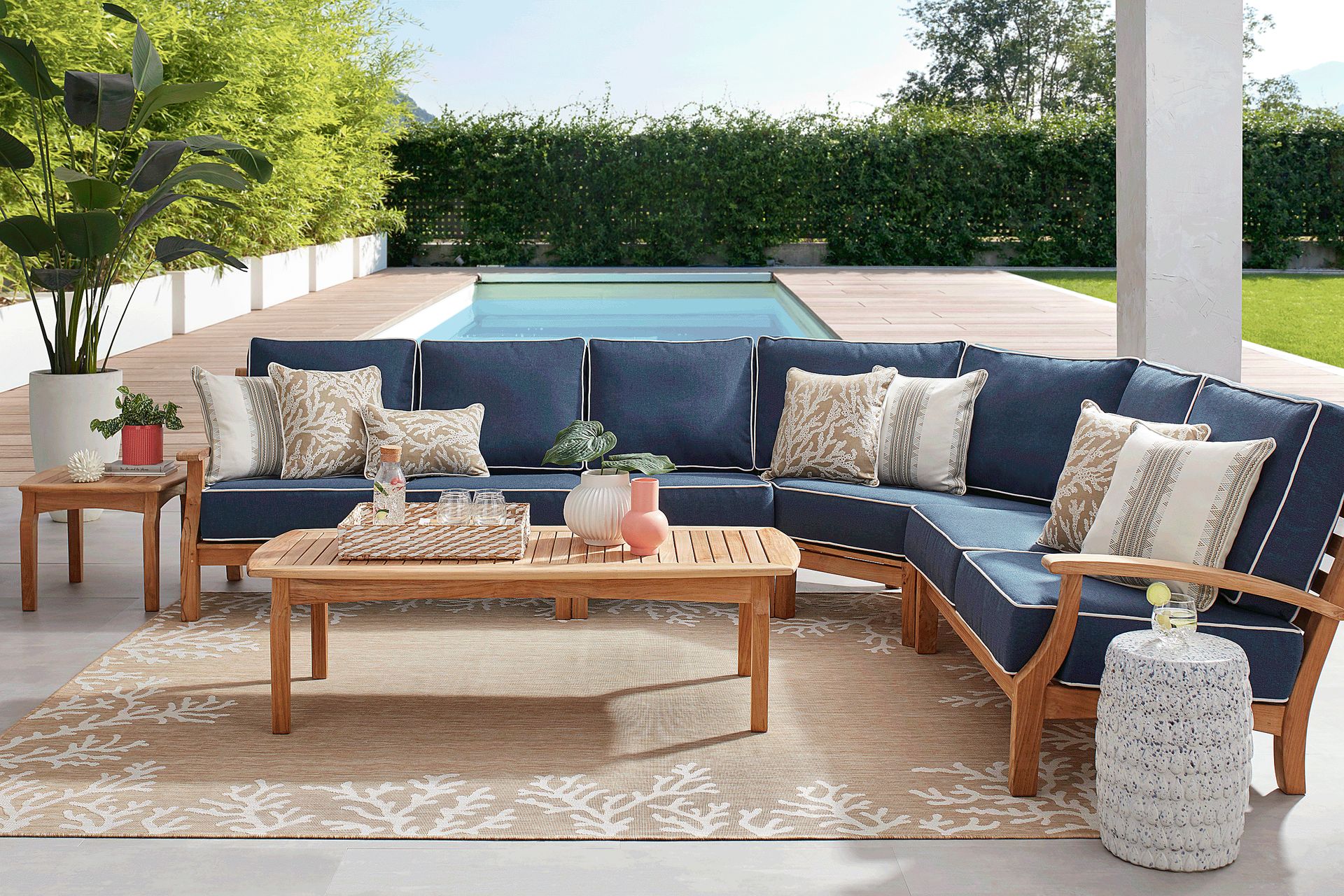 Pleasant Bay Teak 4 Pc Outdoor Sectional with Indigo Cushions - Image 2
