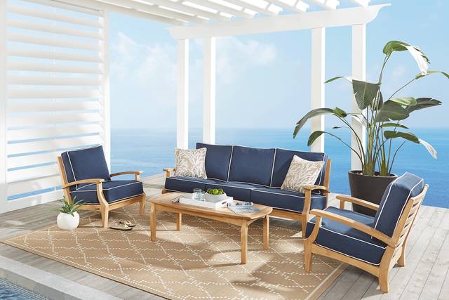 Pleasant Bay Teak 6 Pc Outdoor Seating Set with Denim Cushions - Thumbnail - Image 1