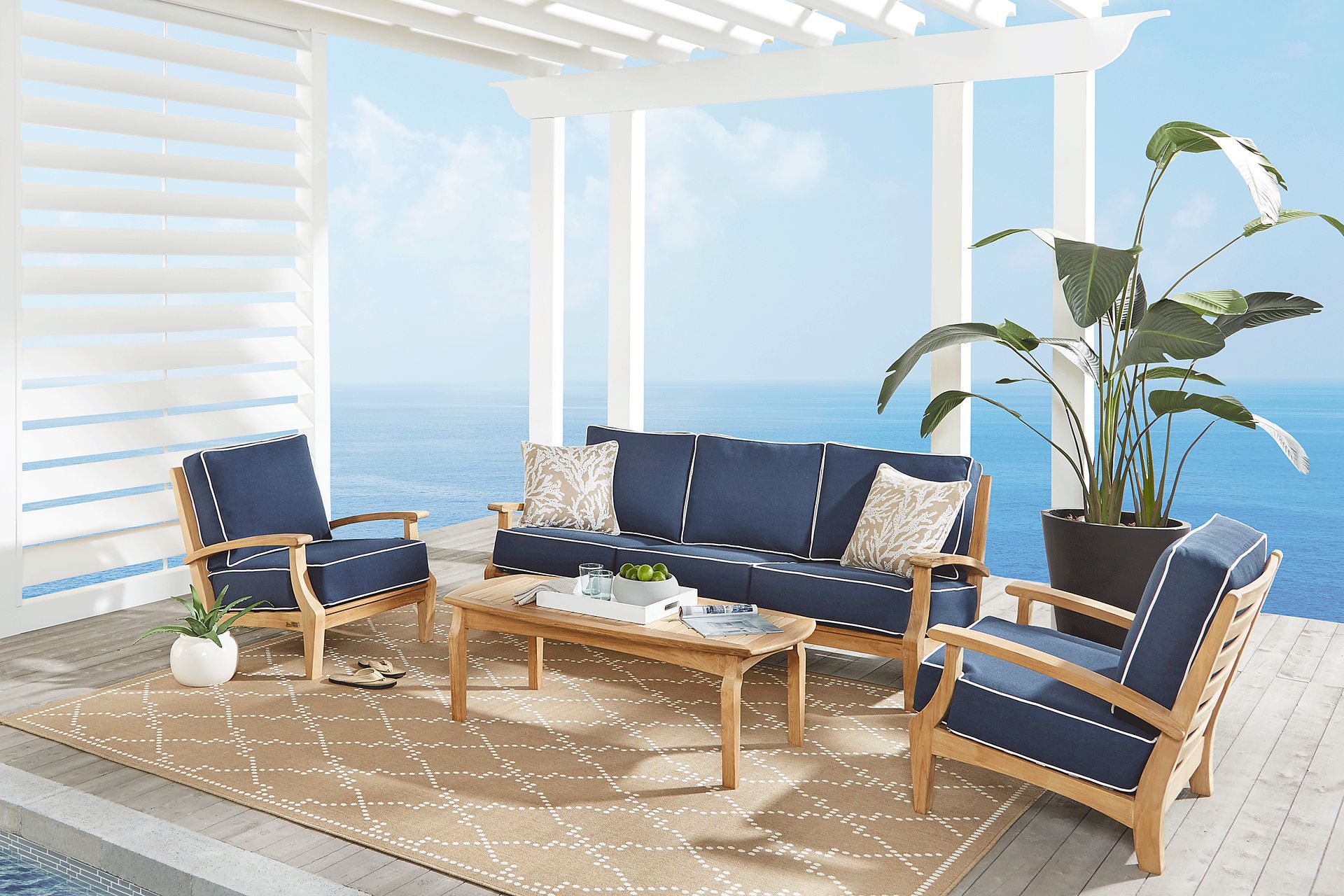 Pleasant Bay Teak 6 Pc Outdoor Seating Set with Denim Cushions - Image 1