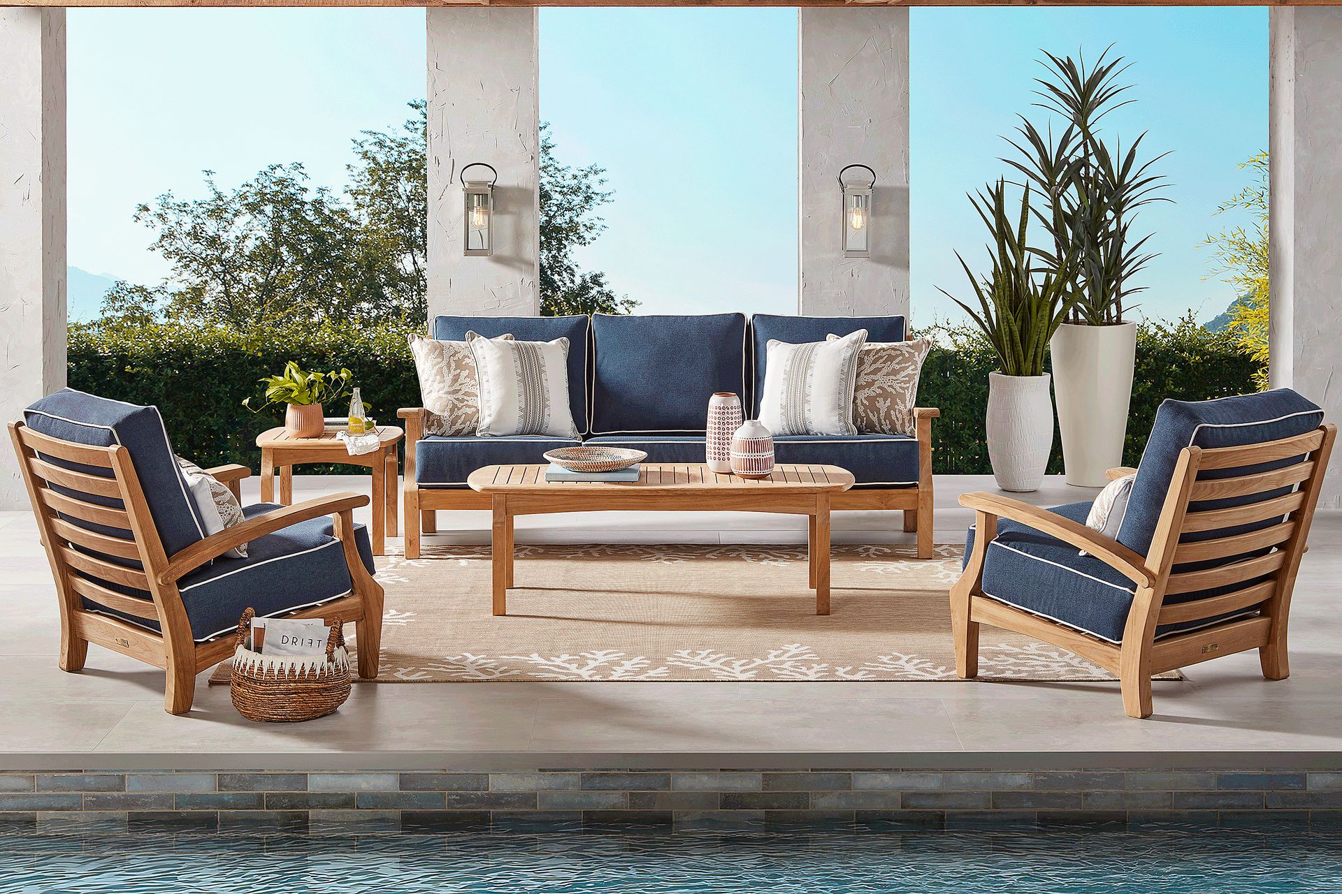 Pleasant Bay Teak 6 Pc Outdoor Seating Set with Denim Cushions - Image 1