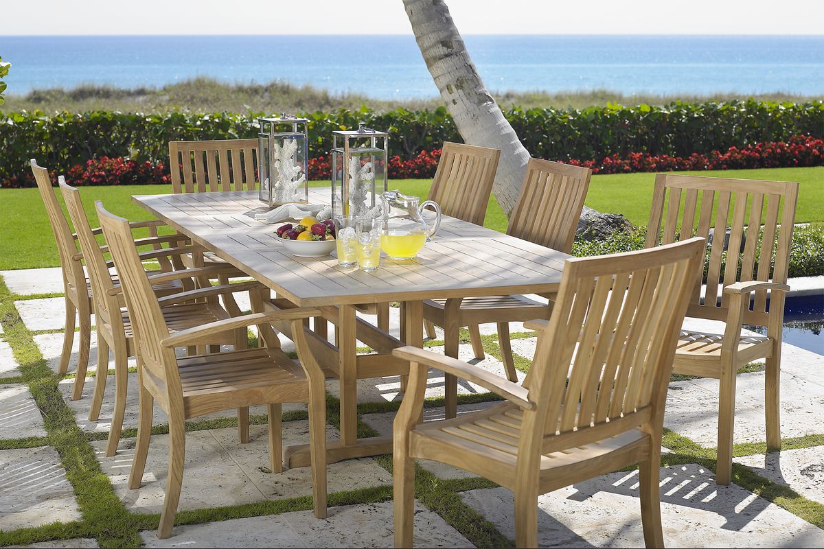 Pleasant Bay 9 Pc Tan Light Wood Teak Outdoor Dining Set With Slat