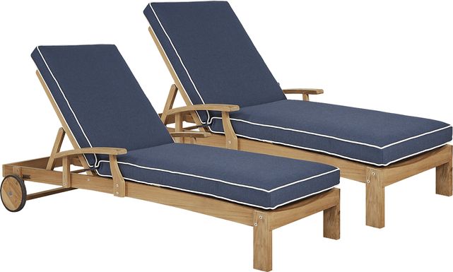 Pleasant Bay Teak Outdoor Chaise with Denim Cushions, Set of 2