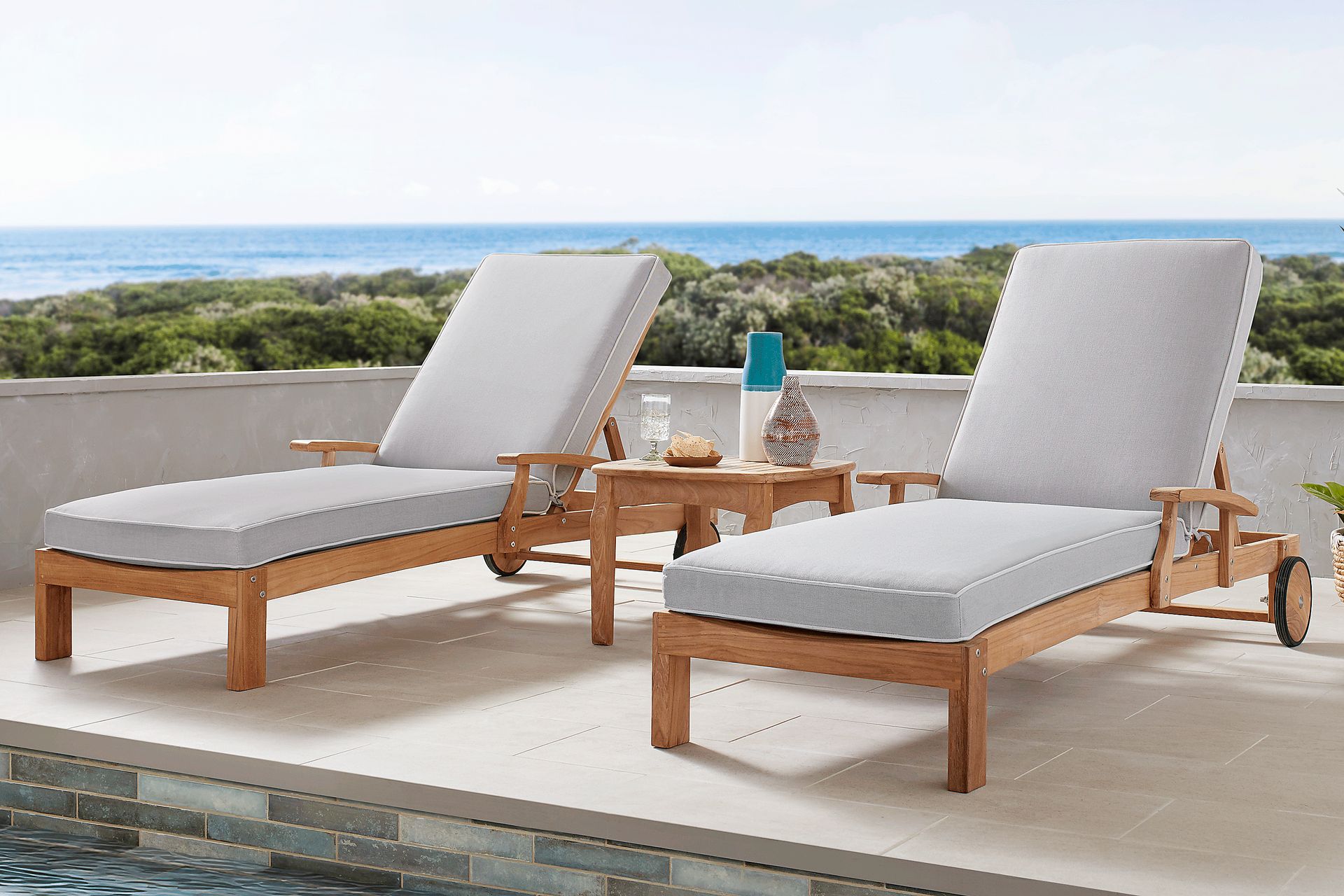 Pleasant Bay Teak Outdoor Chaise with Pewter Cushions, Set of 2 - Image 2