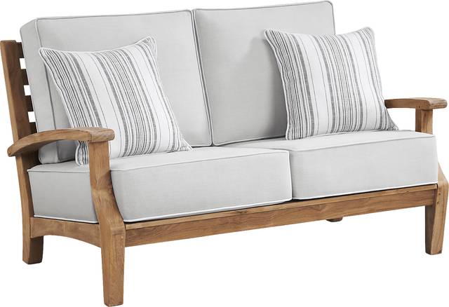 Pleasant Bay Teak Outdoor Loveseat with Dove Cushions - Thumbnail - Image 1