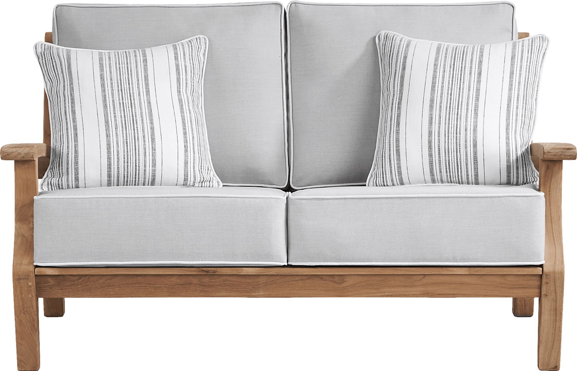 Pleasant Bay Teak Outdoor Loveseat with Pewter Cushions - Image 1