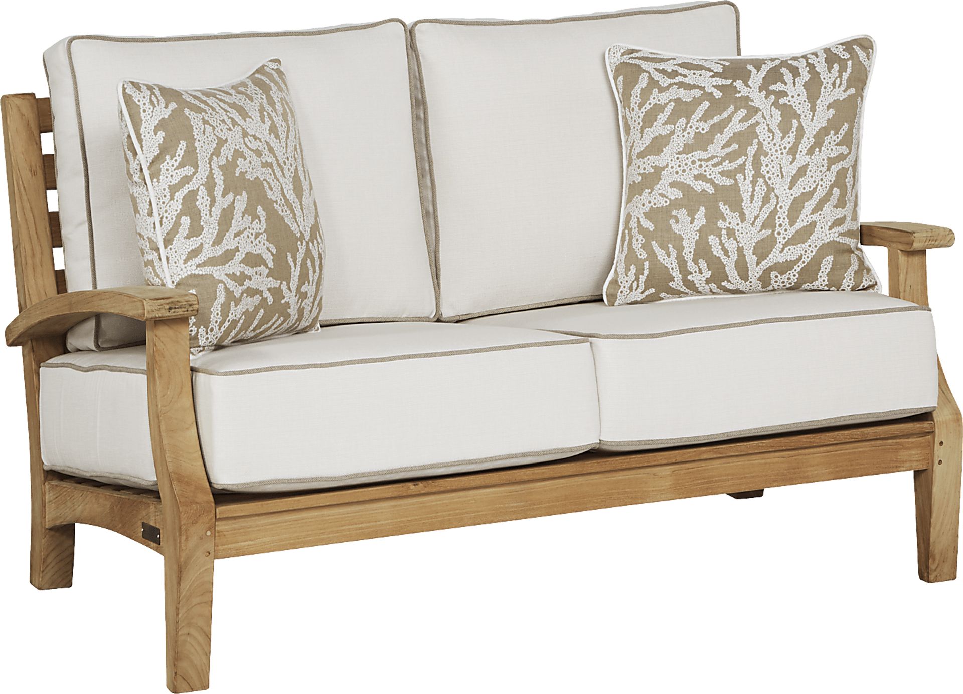 Pleasant Bay Teak Outdoor Loveseat with White Sand Cushions - Image 1