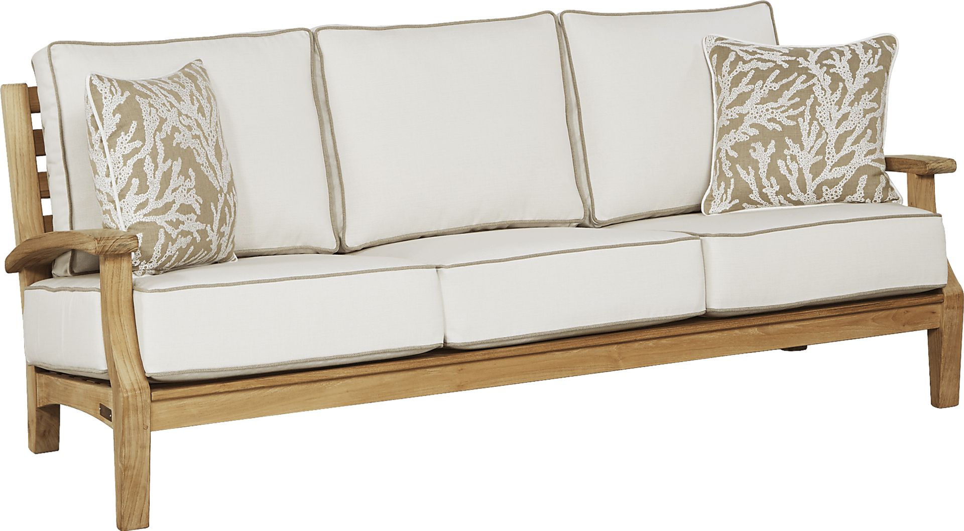 Pleasant Bay Teak Outdoor Sofa with White Sand Cushions - Image 1
