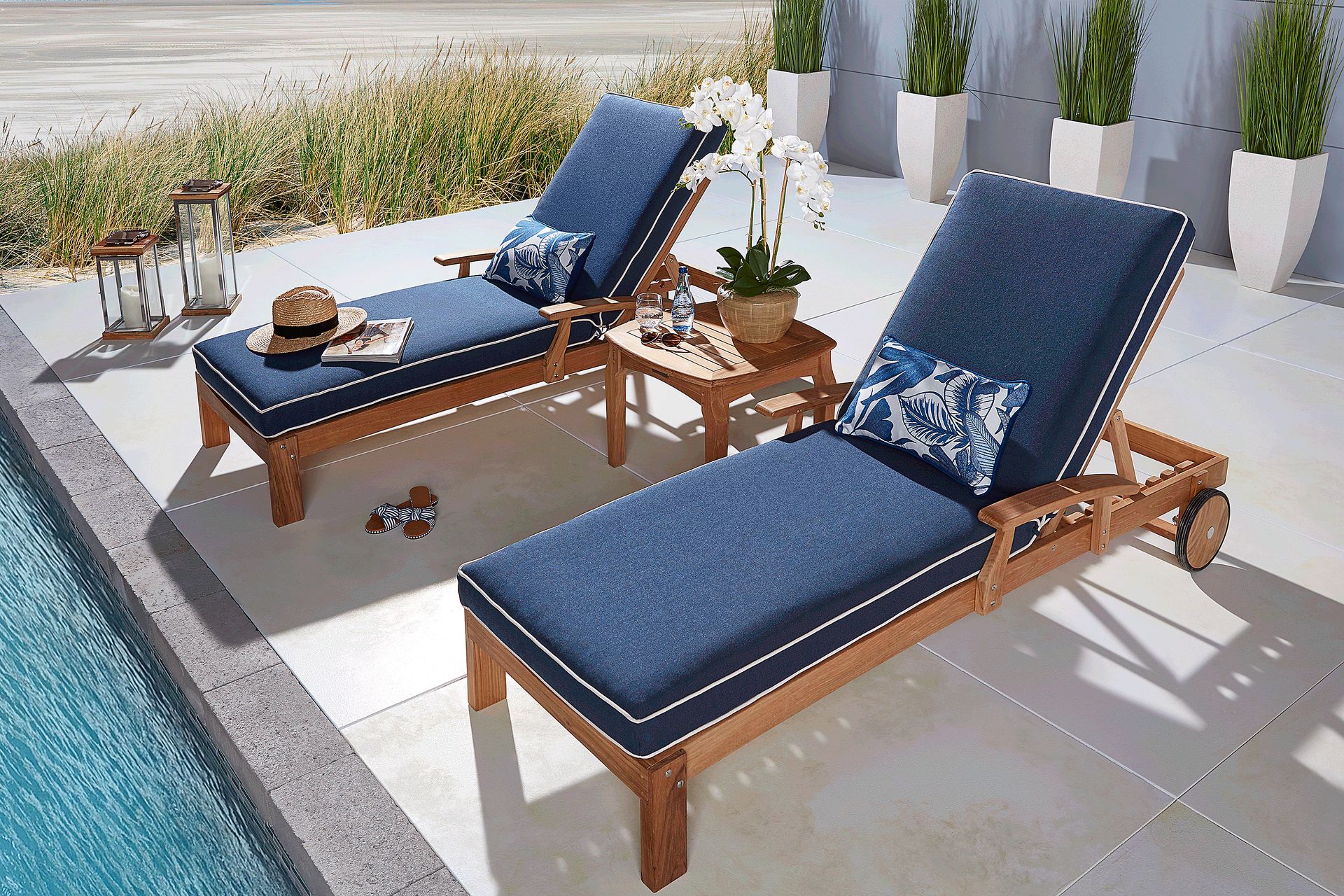 Pleasant Bay Teak Outdoor Chaise with Indigo Cushions, Set of 2 - Image 2