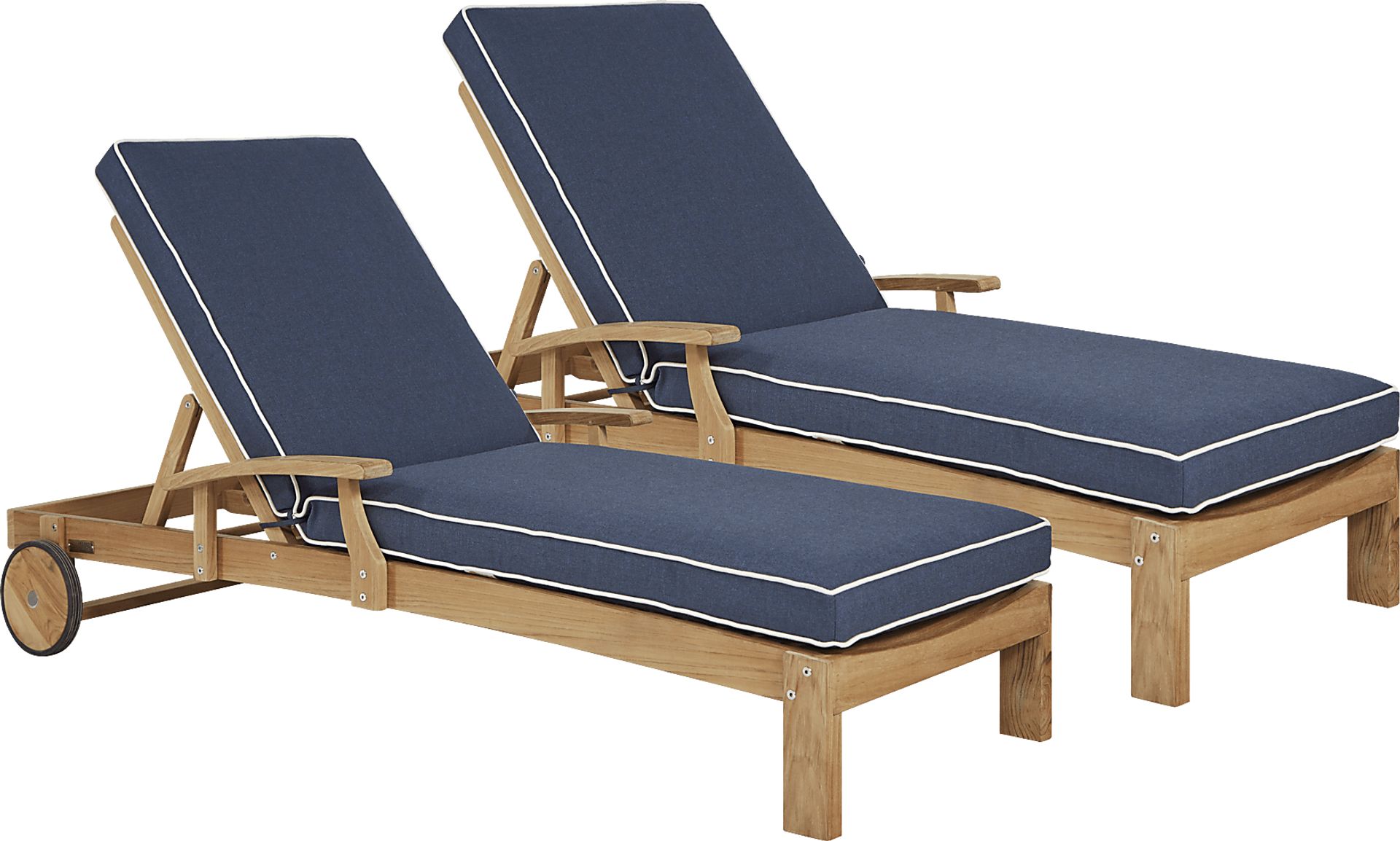 Pleasant Bay Teak Outdoor Chaise with Indigo Cushions, Set of 2 - Image 1