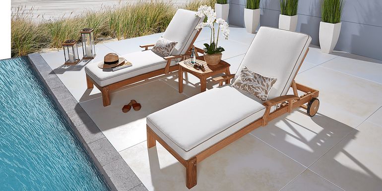 Pleasant Bay Teak Outdoor Chaise with White Sand Cushions, Set of 2