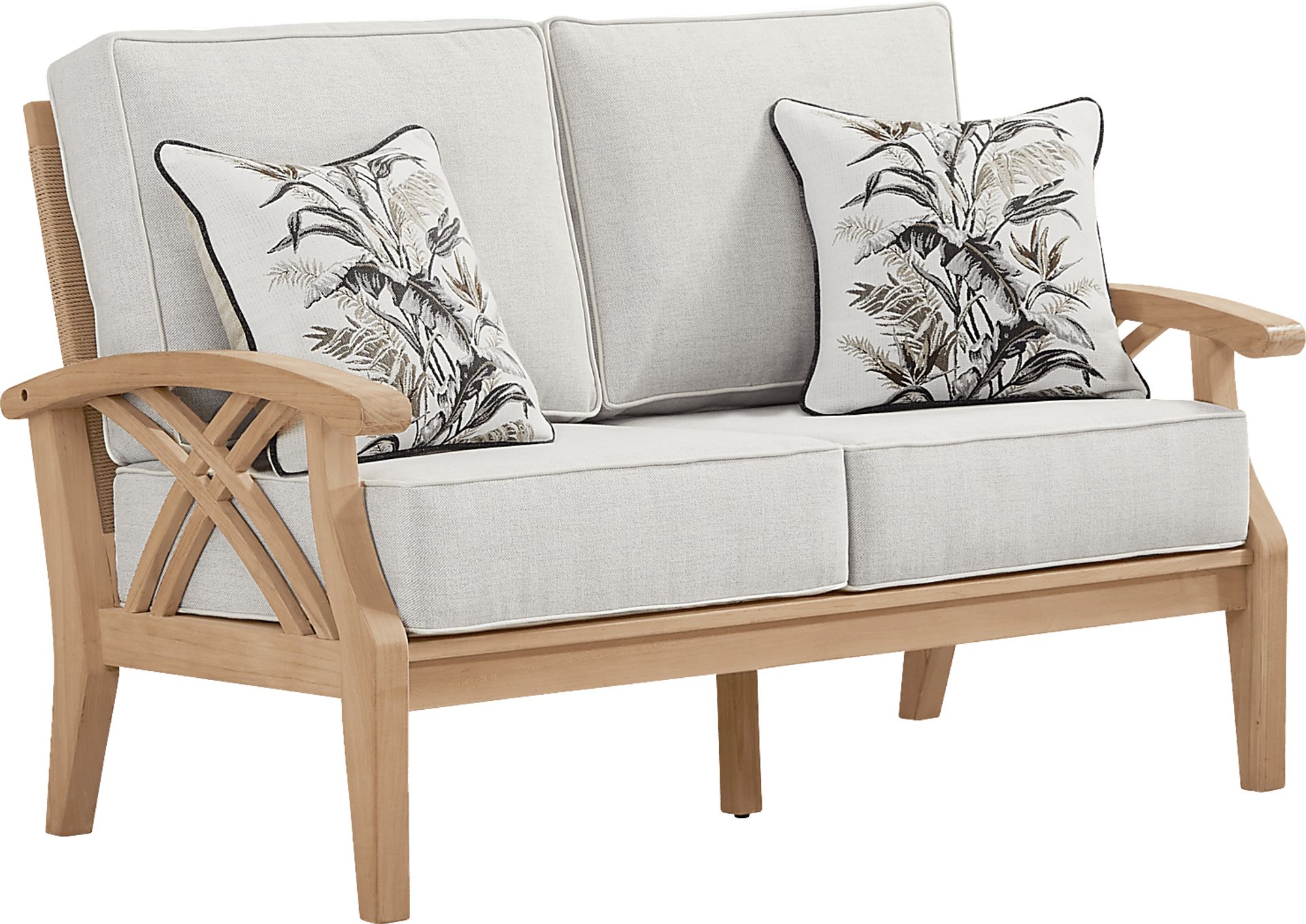 Pleasant Bay Woven Teak Outdoor Loveseat with Dove Cushions - Image 2