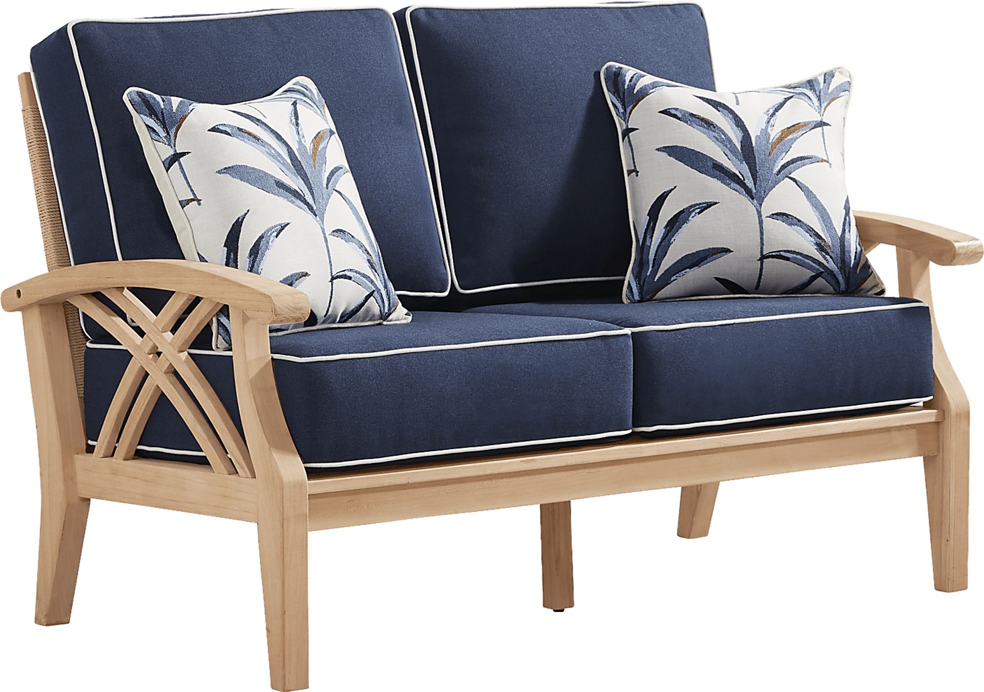 Pleasant Bay Woven Teak Outdoor Loveseat with Indigo Cushions - Image 2