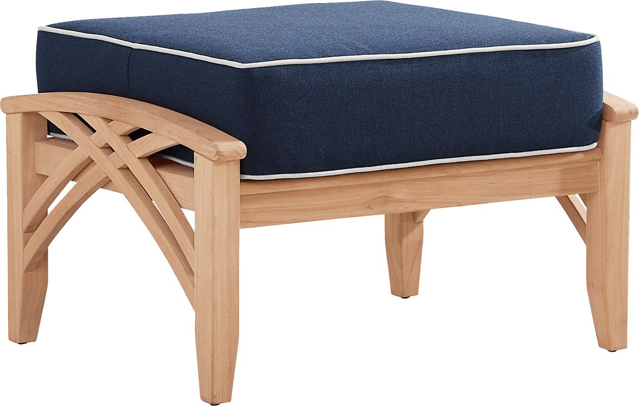 Pleasant Bay Woven Teak Outdoor Ottoman with Indigo Cushion