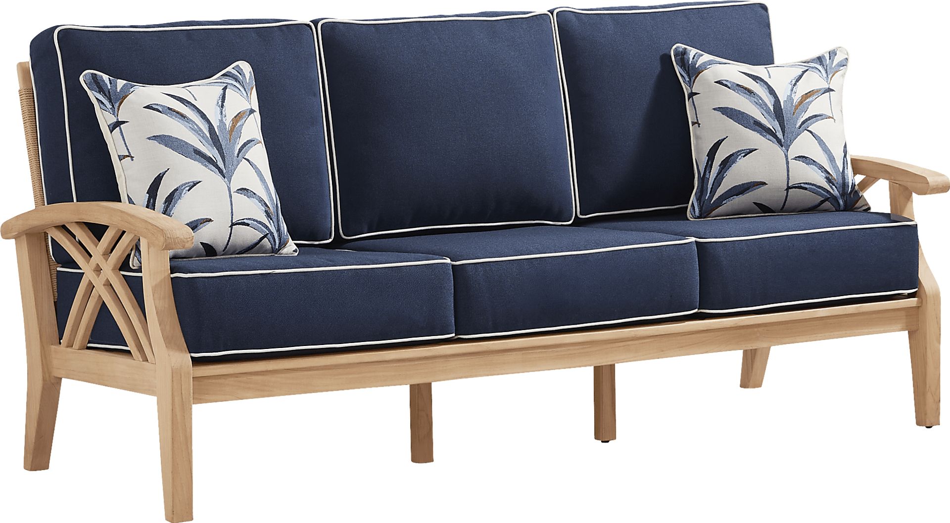 Pleasant Bay Woven Teak Outdoor Sofa with Indigo Cushions - Image 2