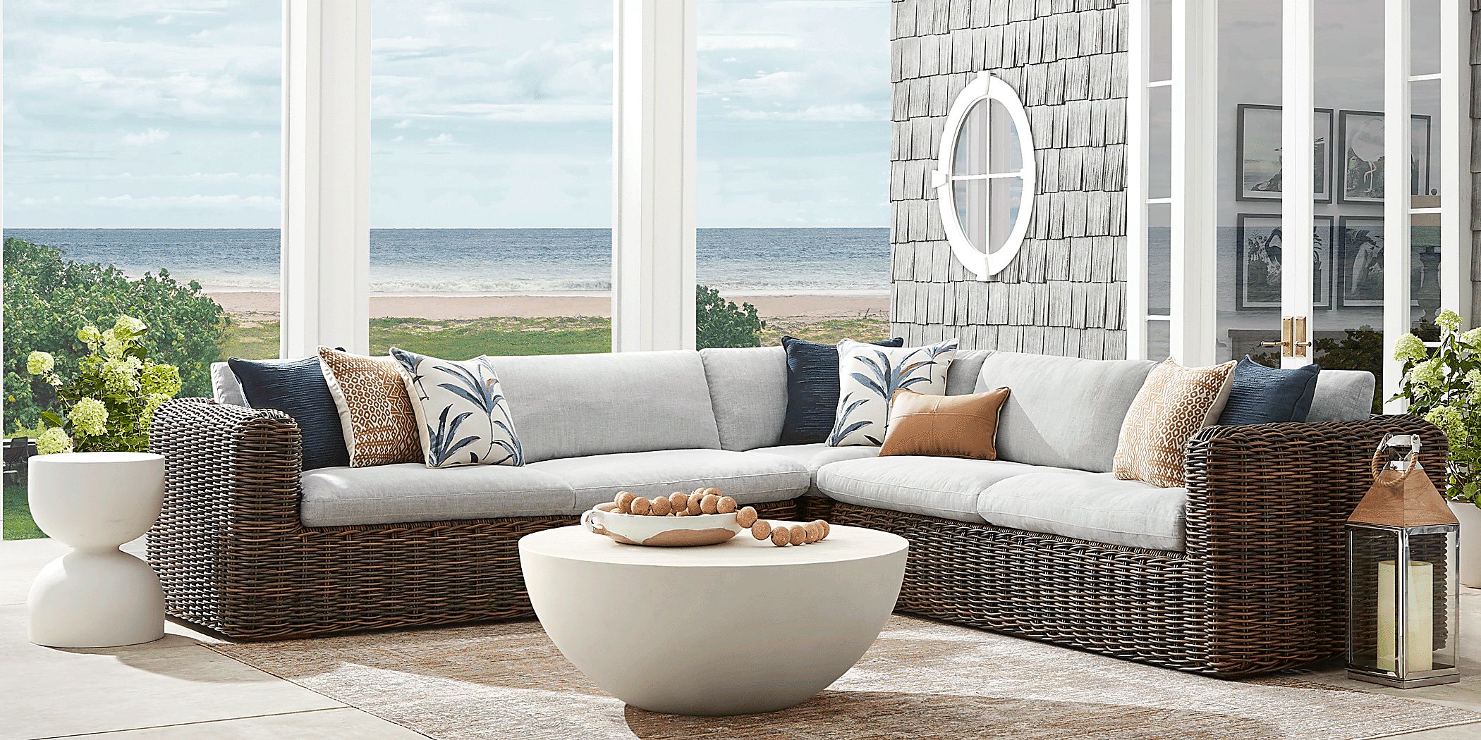 Cindy Crawford Plume 3 Pc Brown Dark Wood Dove Gray Wicker Outdoor Sectional Rooms to Go