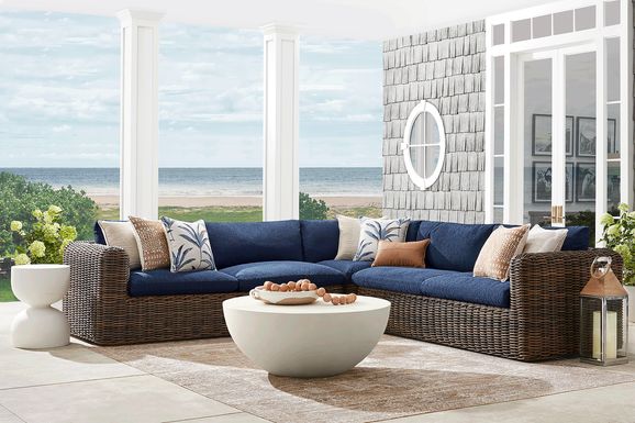 Plume Brown 3 Pc Outdoor Sectional with Navy Cushions
