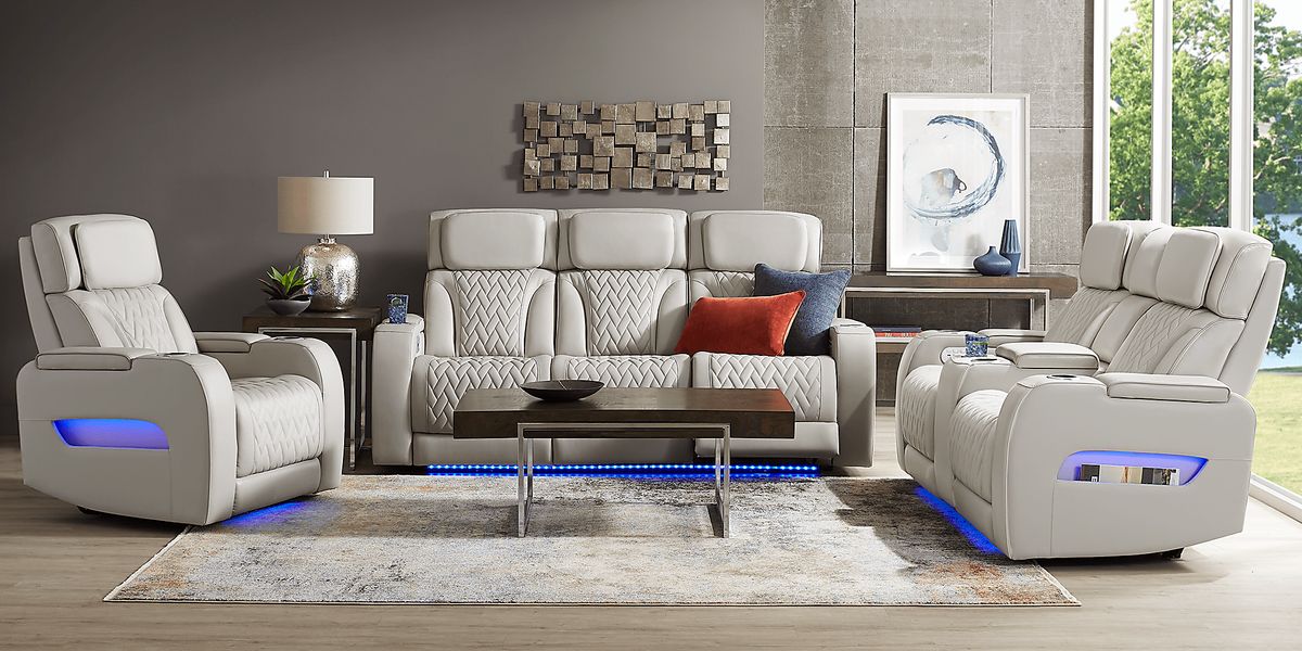 Port Royal Gray Leather Triple Power Reclining Sofa | Rooms to Go