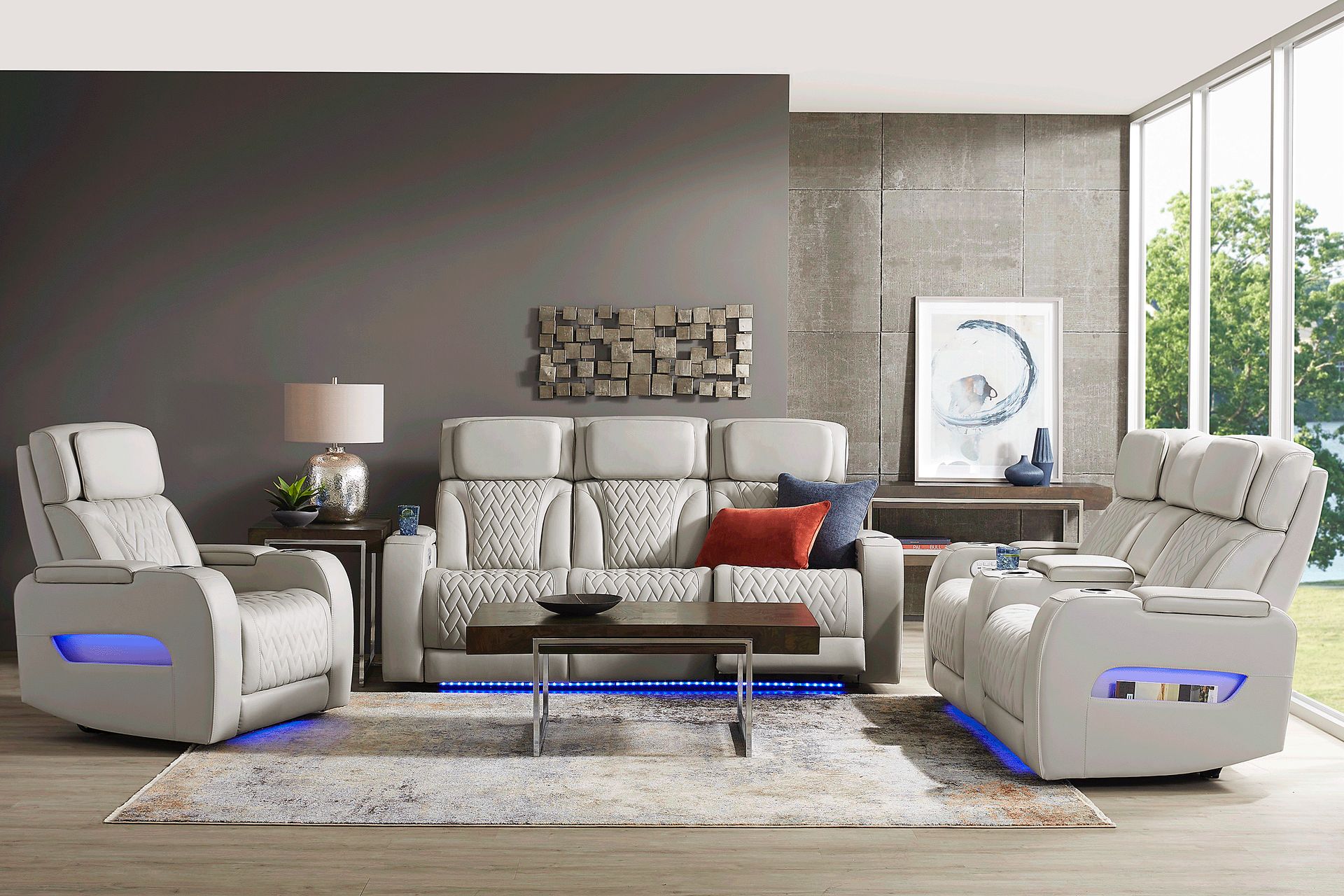 Port Royal Gray Leather 5 Pc Triple Power Reclining Living Room - Image 1