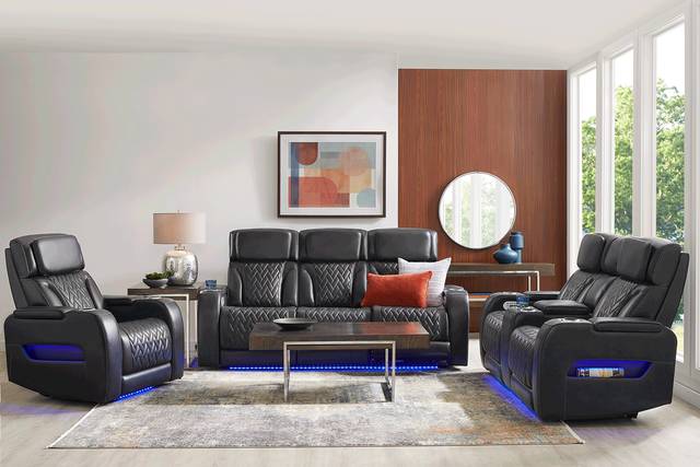 Port Royal Midnight Leather 5 Pc Living Room with Triple Power Reclining Sofa - Thumbnail - Image 1
