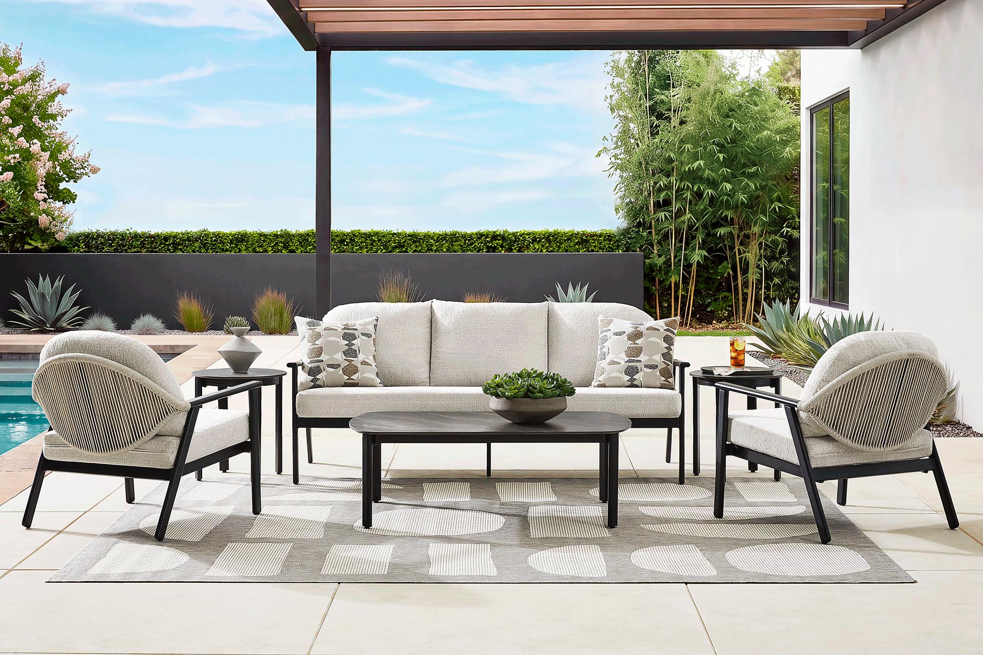 Porto Black 4 Pc Outdoor Seating Set with Beige Cushions