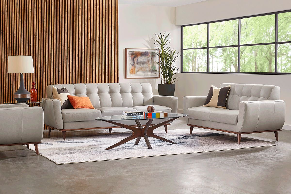 Pressly Place 7 Pc Light Gray Leather Living Room Set With Sofa