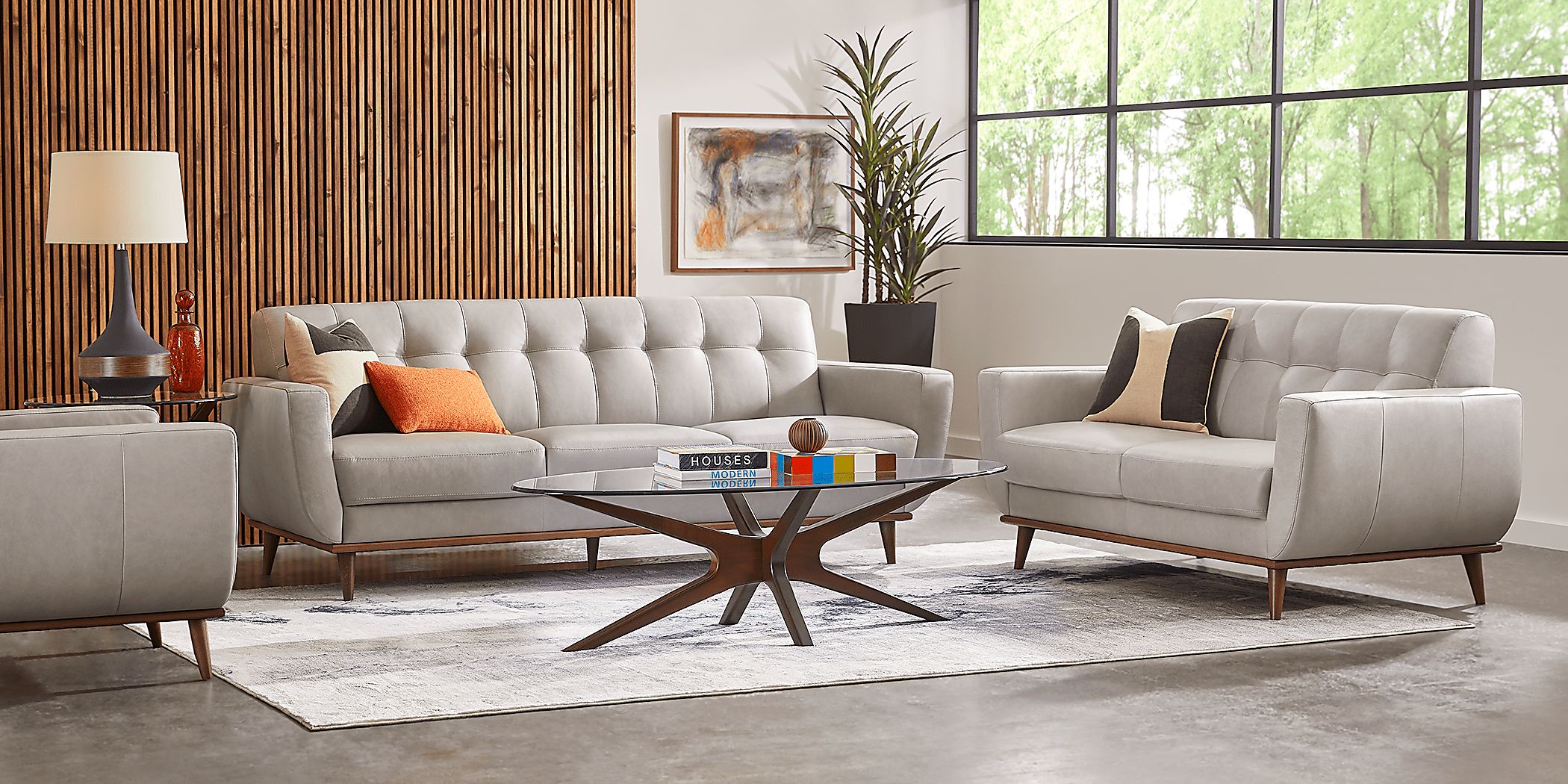 Light gray leather living room deals set