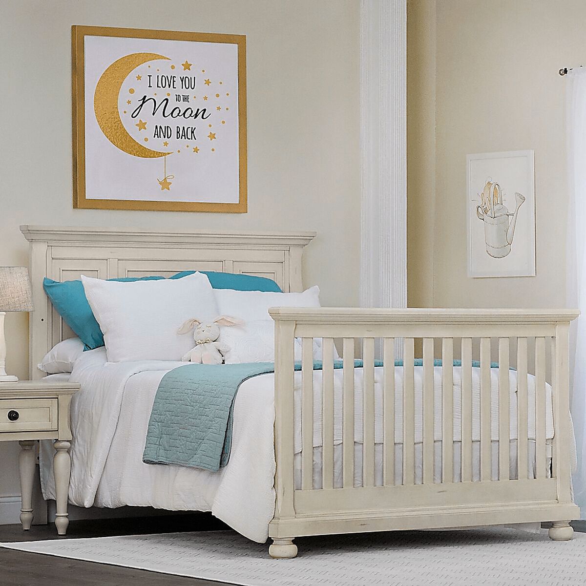 Prestcott 6 Pc Antique White Bedroom Set With Crib Dresser Changing Set Conversion Rails Toddler Rail Rooms to Go