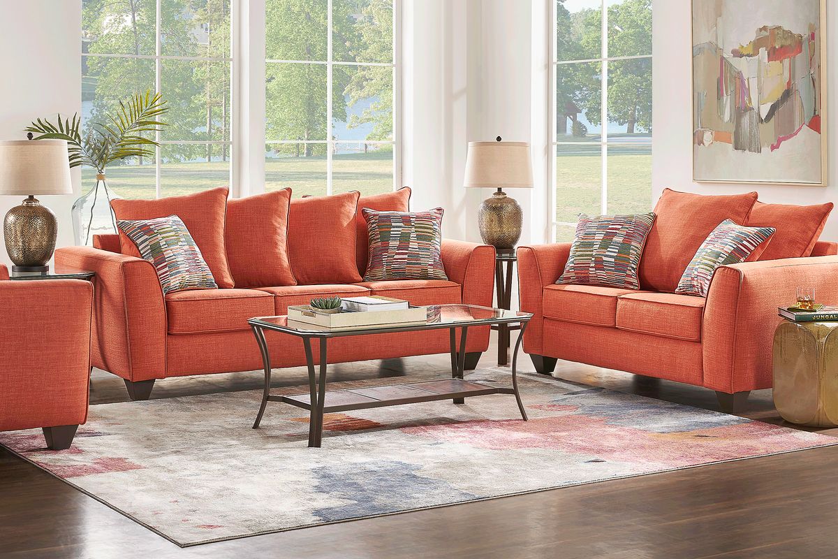 Orange Sofa Bed Velcro Fixed Arms Sleeper Loveseat w/ Coffee Table