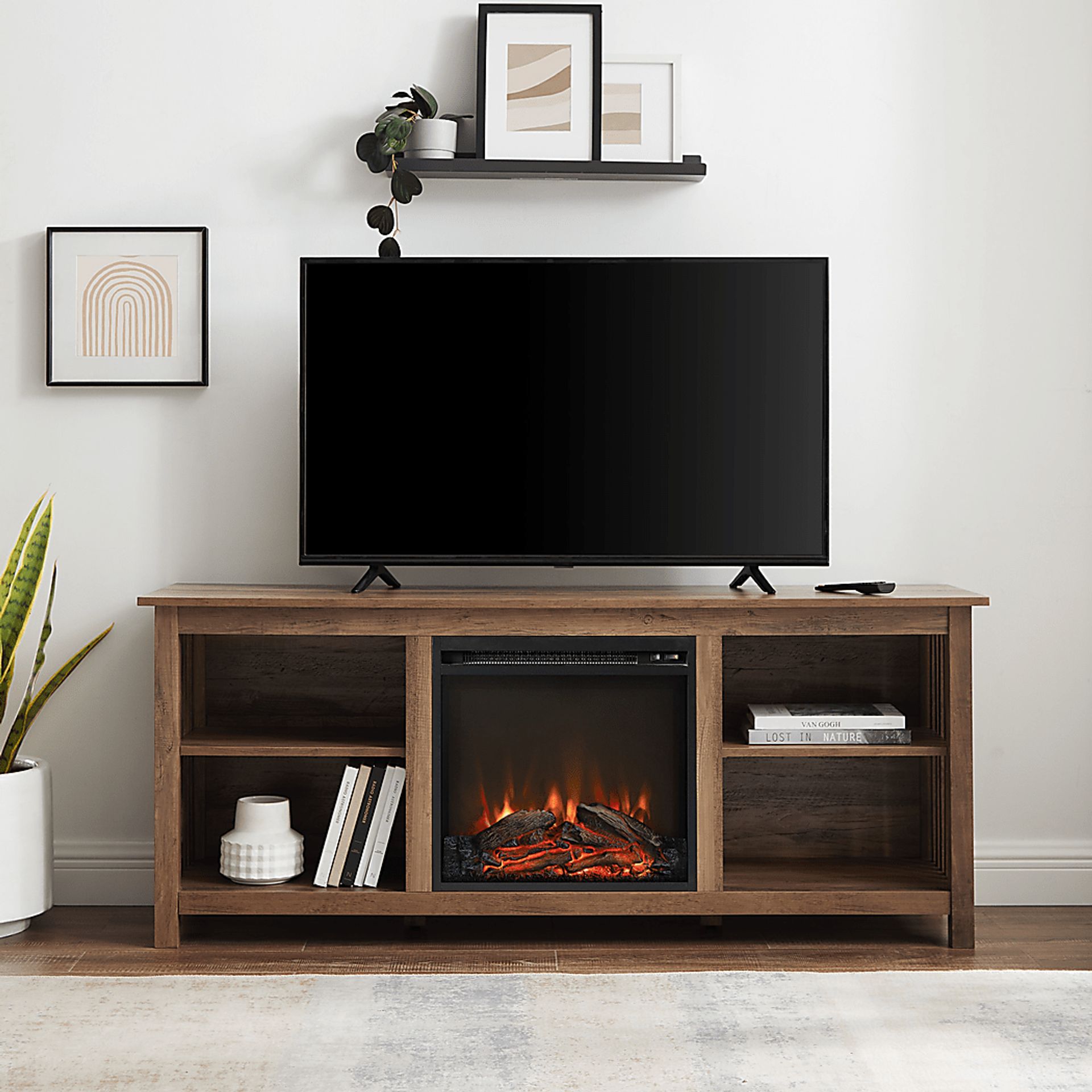 Primwood Oak 58 in. Console, With Electric Fireplace - Image 2