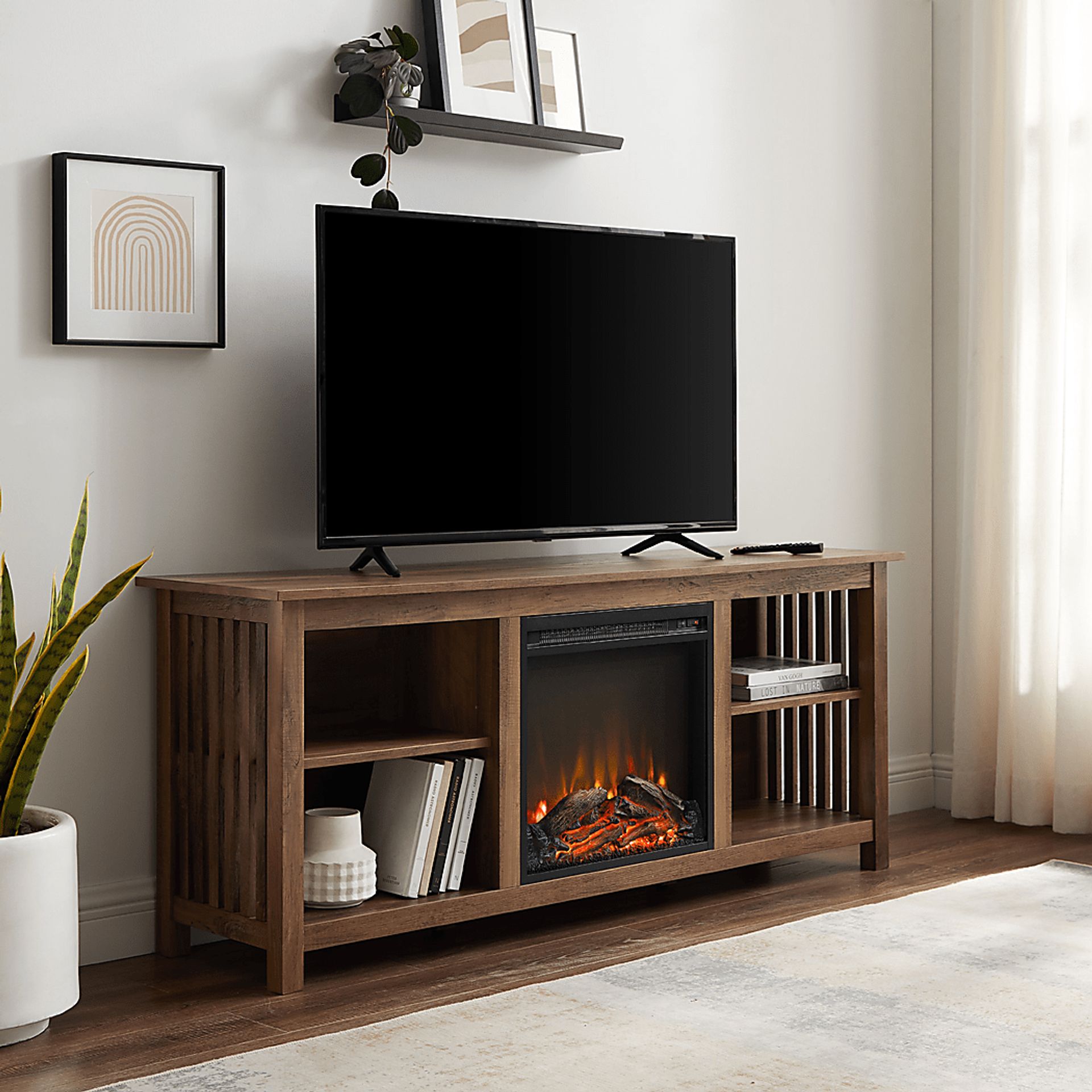 Primwood Oak 58 in. Console, With Electric Fireplace - Image 6