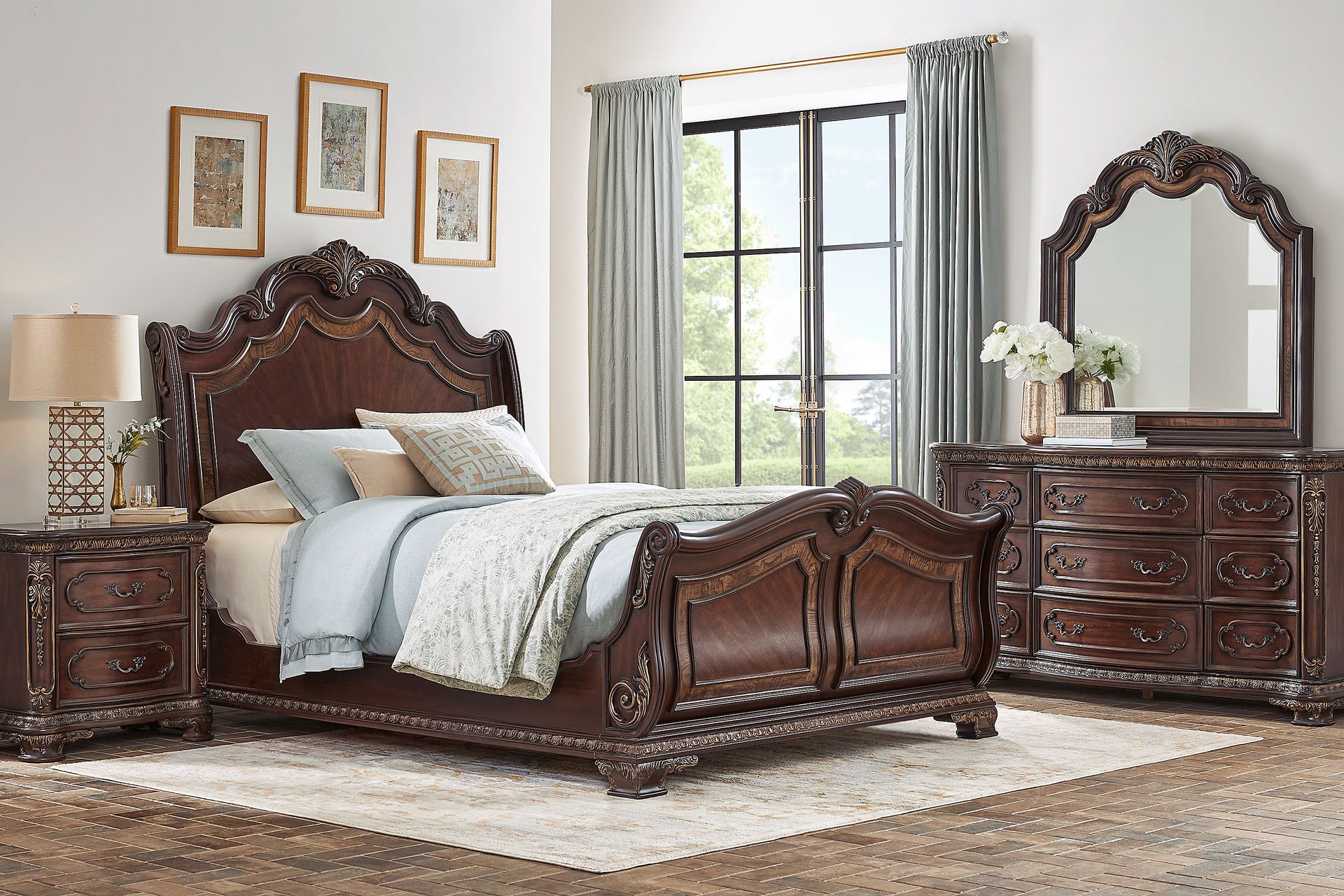 Priscilla Brown Cherry 5 Pc Queen Sleigh Bedroom - Image 1
