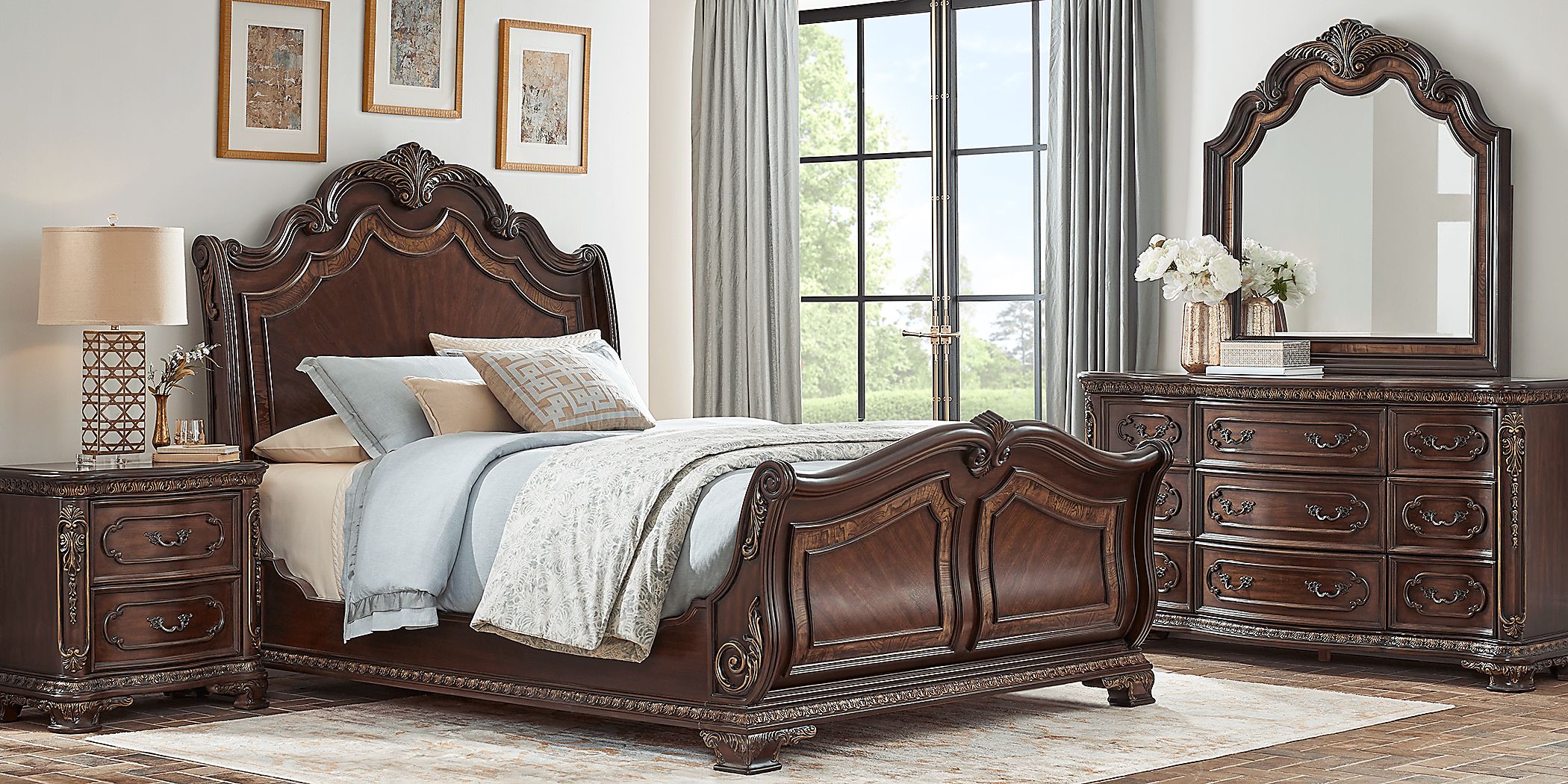 Priscilla 7 Pc Brown Cherry Dark Wood Queen Bedroom Set With 3 Pc