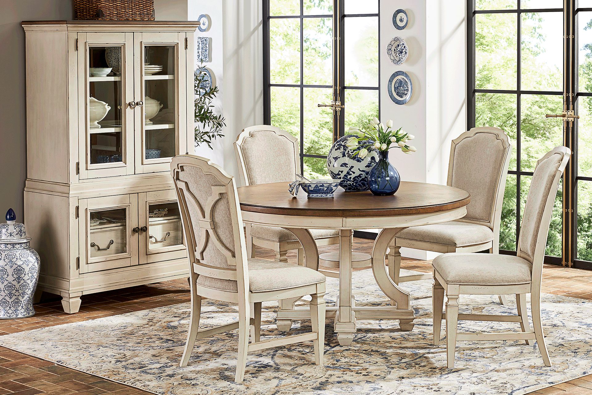Provence Brown 5 Pc Round Dining Room with Upholstered Chairs - Image 1