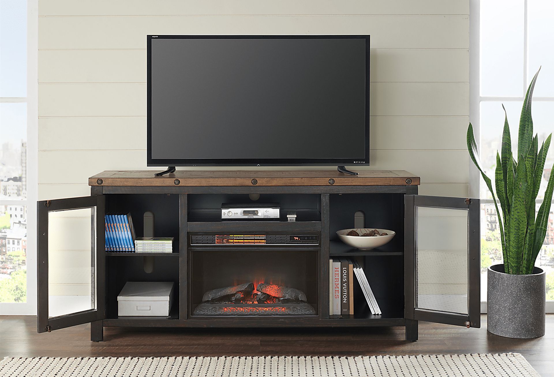 Recton Brown 65 in. Console With Electric Fireplace - Image 3