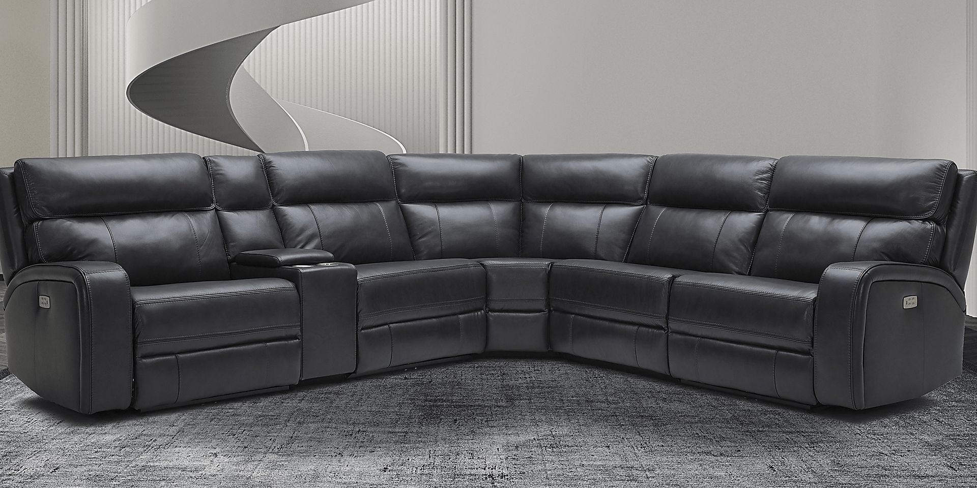 Redivia Black Leather 6 Pc Dual Power Reclining Sectional - Image 2