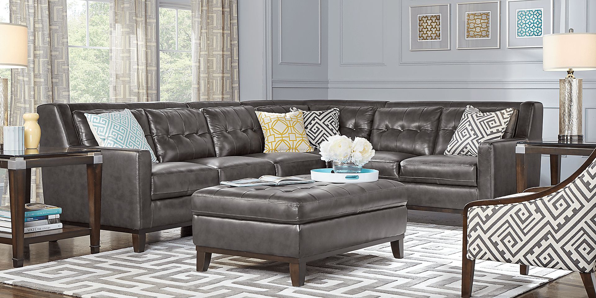 Reina Gray Leather 7 Pc Sectional Living Room - Image 1