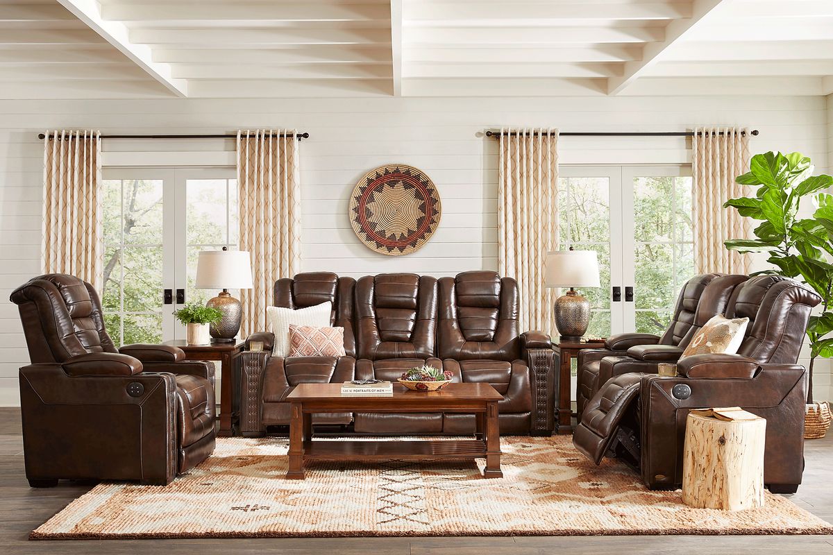 Renegade 7 Pc Brown Leather Dual Power Reclining Living Room Set With ...